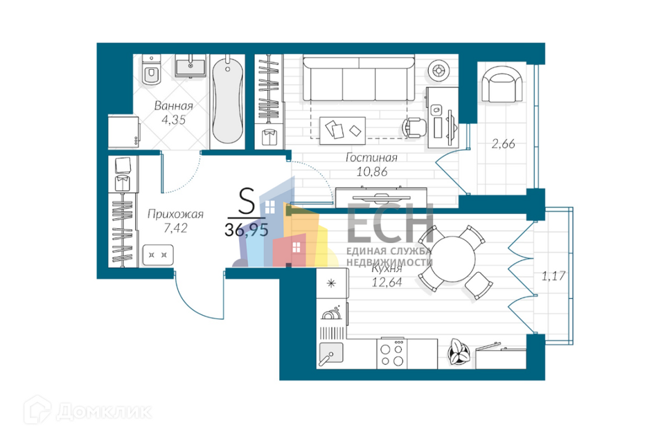 Продаётся 1-комнатная квартира, 35.7 м²