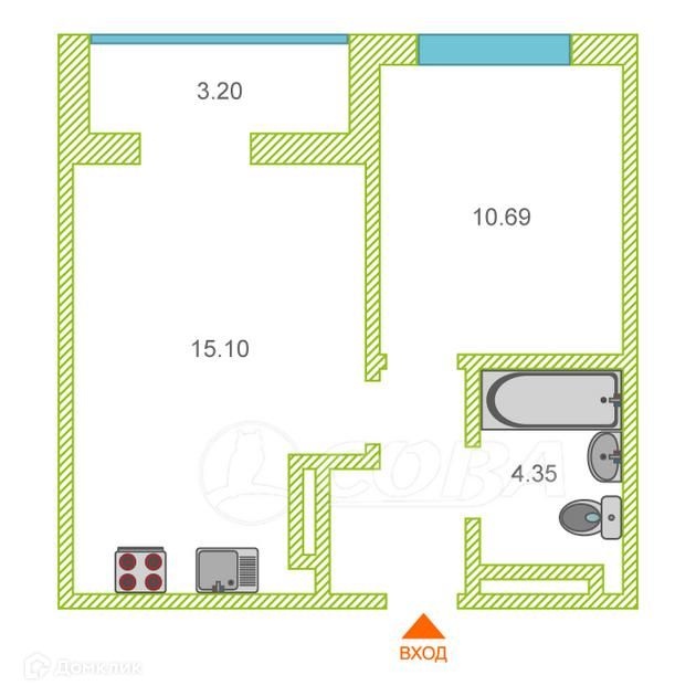 Продаётся 1-комнатная квартира, 35.3 м²