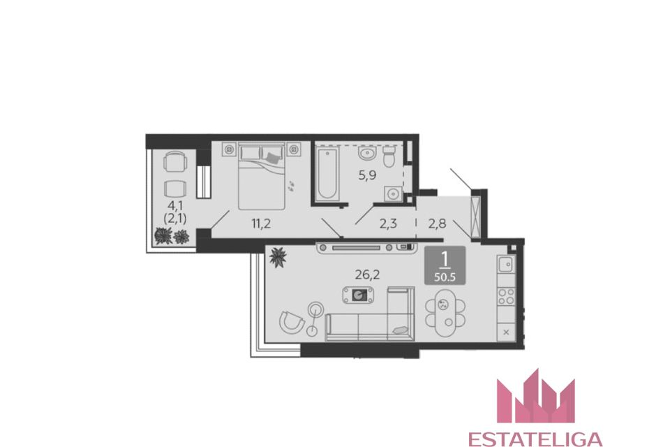 Продаётся 1-комнатная квартира, 50.5 м²