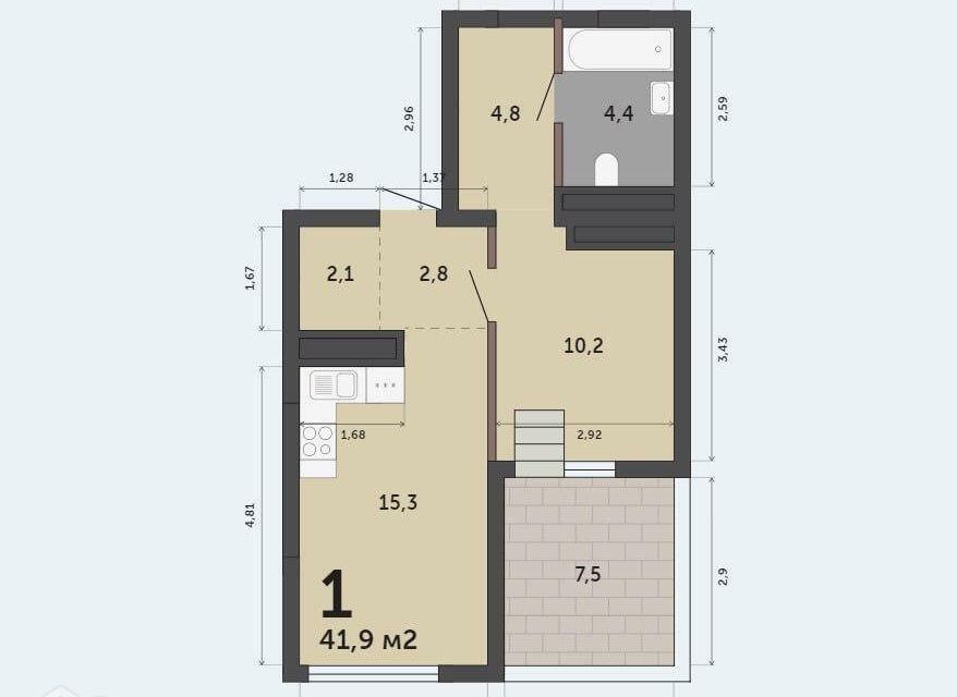 Продаётся 1-комнатная квартира, 41.9 м²