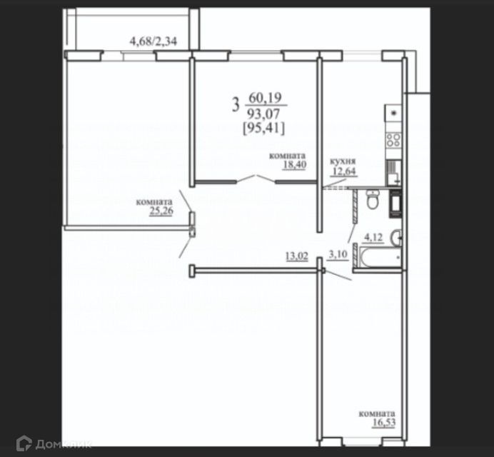 Продаётся 3-комнатная квартира, 95.41 м²