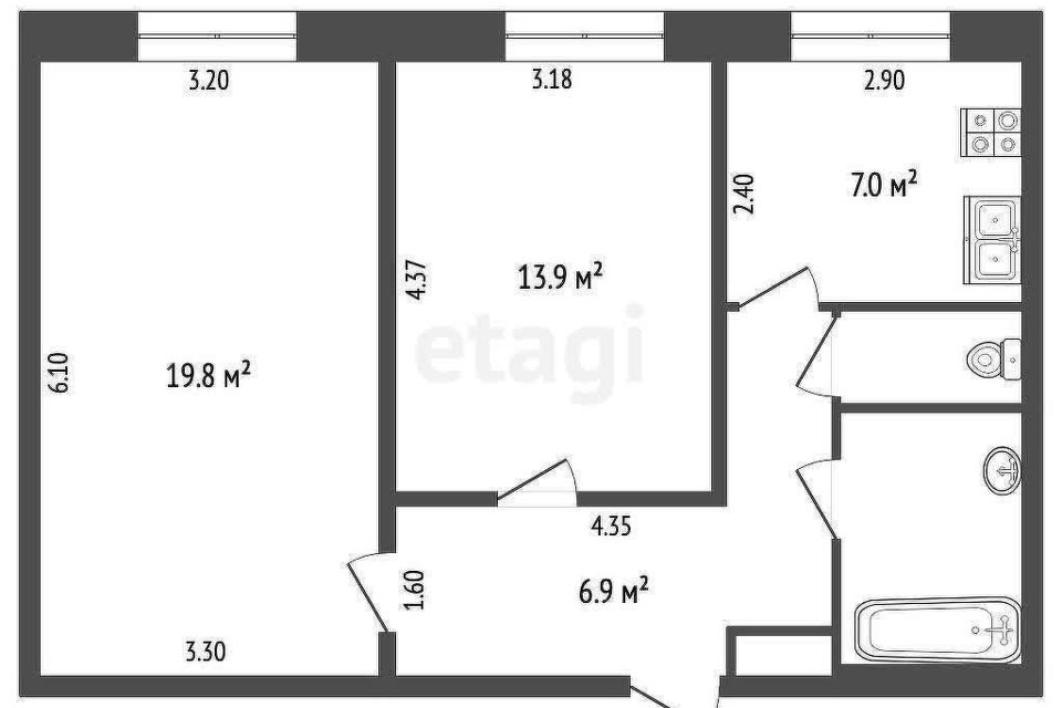 Продаётся 2-комнатная квартира, 55.1 м²