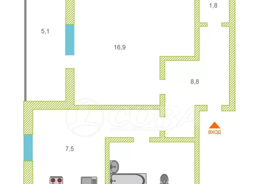Продаётся 1-комнатная квартира, 40 м²