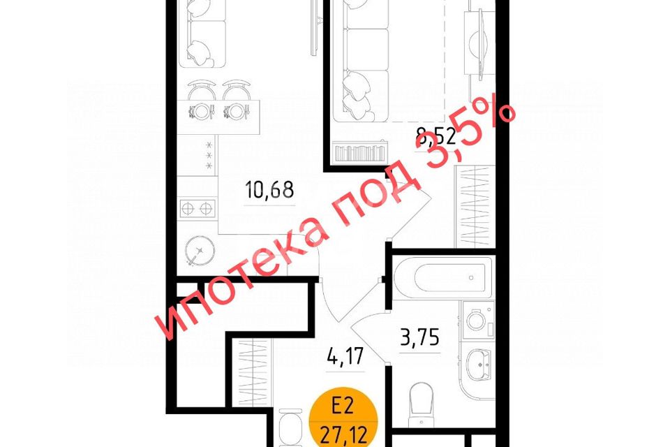 Продаётся 1-комнатная квартира, 27.12 м²