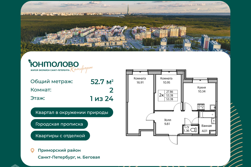 Продаётся 2-комнатная квартира, 52.7 м²