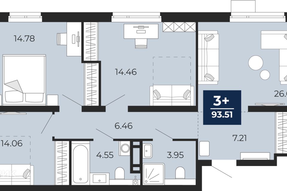 Продаётся 3-комнатная квартира, 93.51 м²