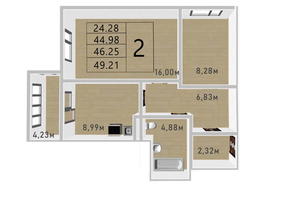 Продаётся 2-комнатная квартира, 46.25 м²