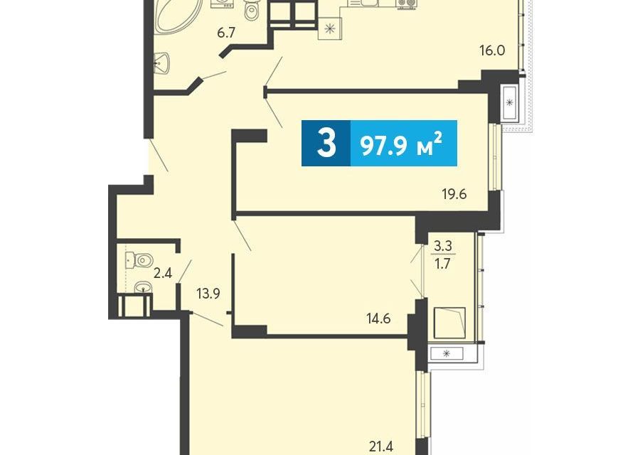 Продаётся 3-комнатная квартира, 97.9 м²