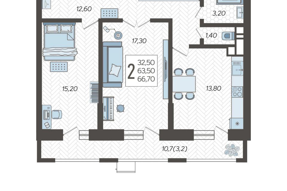 Продаётся 2-комнатная квартира, 66.7 м²