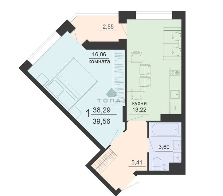 Продаётся 1-комнатная квартира, 39.56 м²