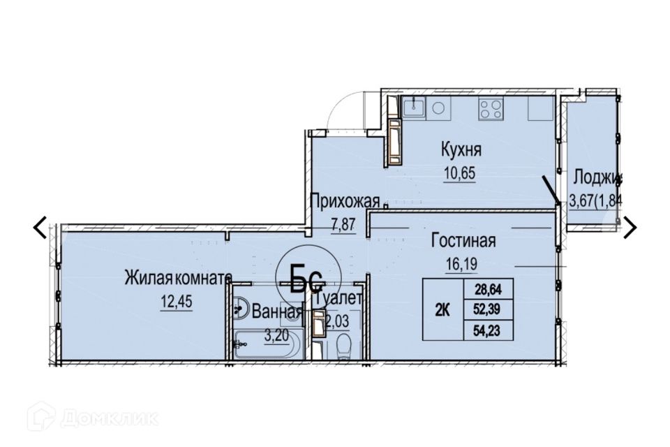 Продаётся 2-комнатная квартира, 54.23 м²