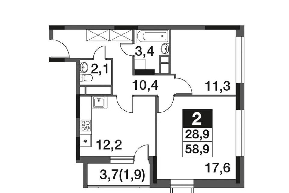 Продаётся 2-комнатная квартира, 58.9 м²