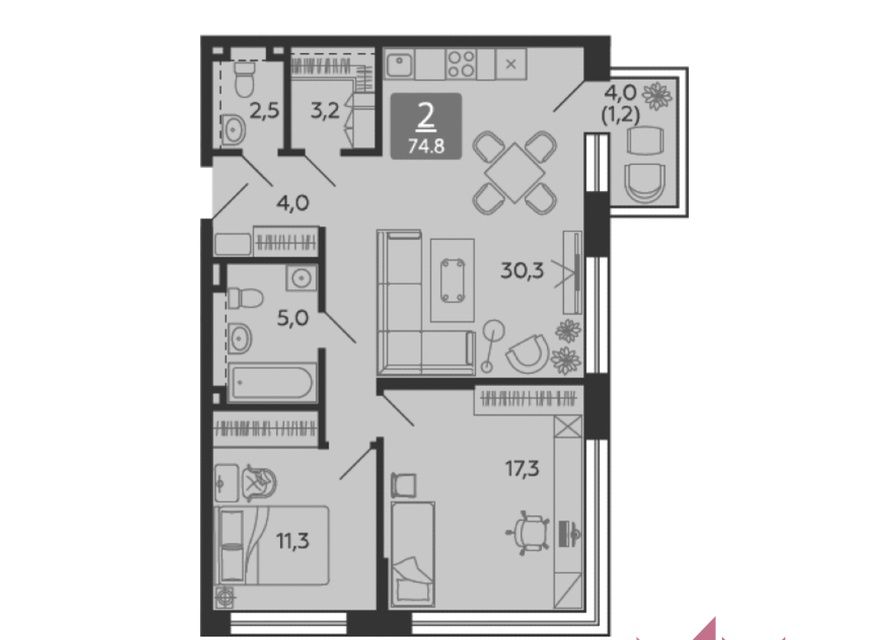 Продаётся 2-комнатная квартира, 74.8 м²