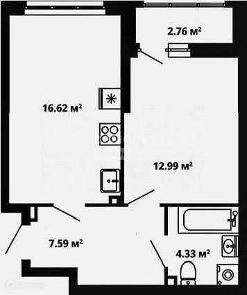 Продаётся 1-комнатная квартира, 42.91 м²