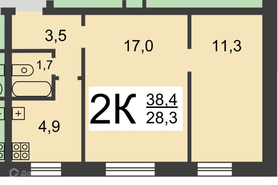 Продаётся 2-комнатная квартира, 38.4 м²