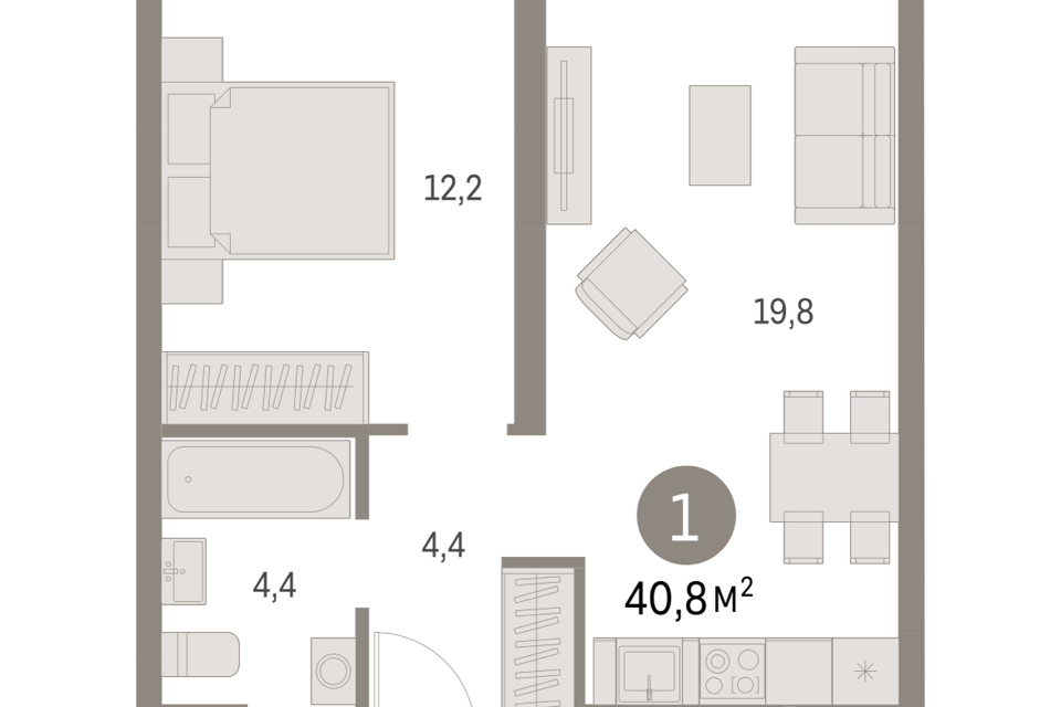 Продаётся 1-комнатная квартира, 40.8 м²