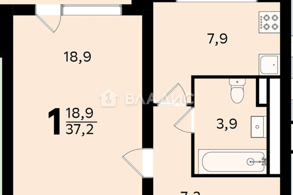 Продаётся 1-комнатная квартира, 39.5 м²