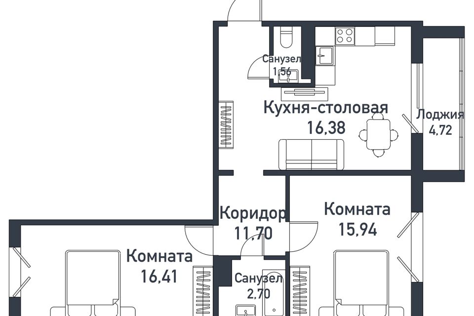 Продаётся 2-комнатная квартира, 64.2 м²