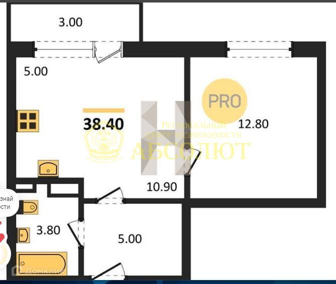 Продаётся 1-комнатная квартира, 38.4 м²