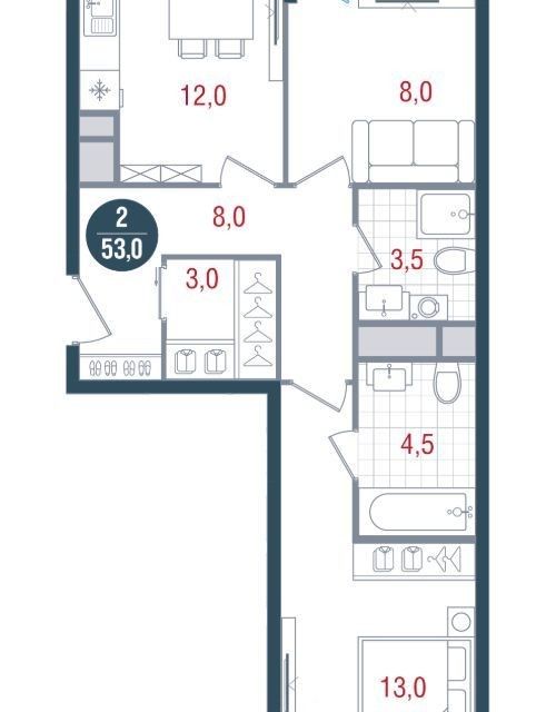 Продаётся 2-комнатная квартира, 53 м²