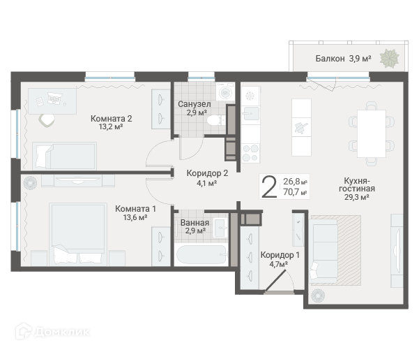 Продаётся 2-комнатная квартира, 70.7 м²