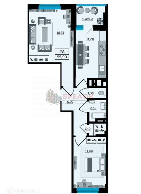 Продаётся 2-комнатная квартира, 56 м²