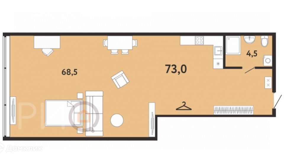 Продаётся 2-комнатная квартира, 73 м²