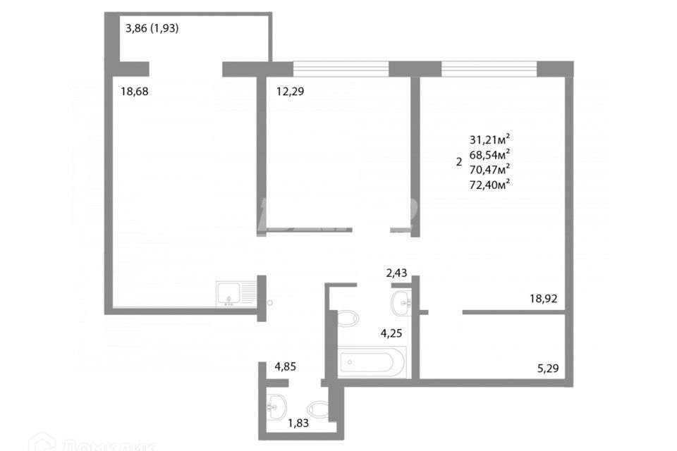 Продаётся 2-комнатная квартира, 70.47 м²