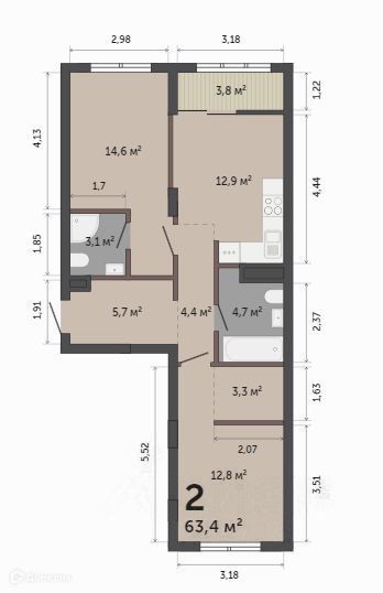 Продаётся 2-комнатная квартира, 63.4 м²