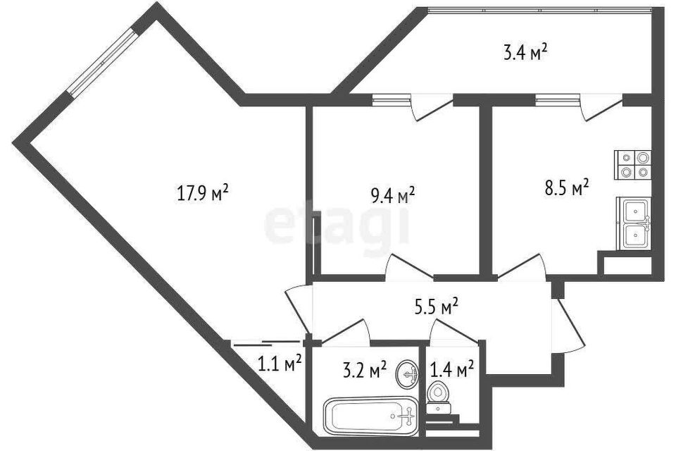 Продаётся 2-комнатная квартира, 50.4 м²
