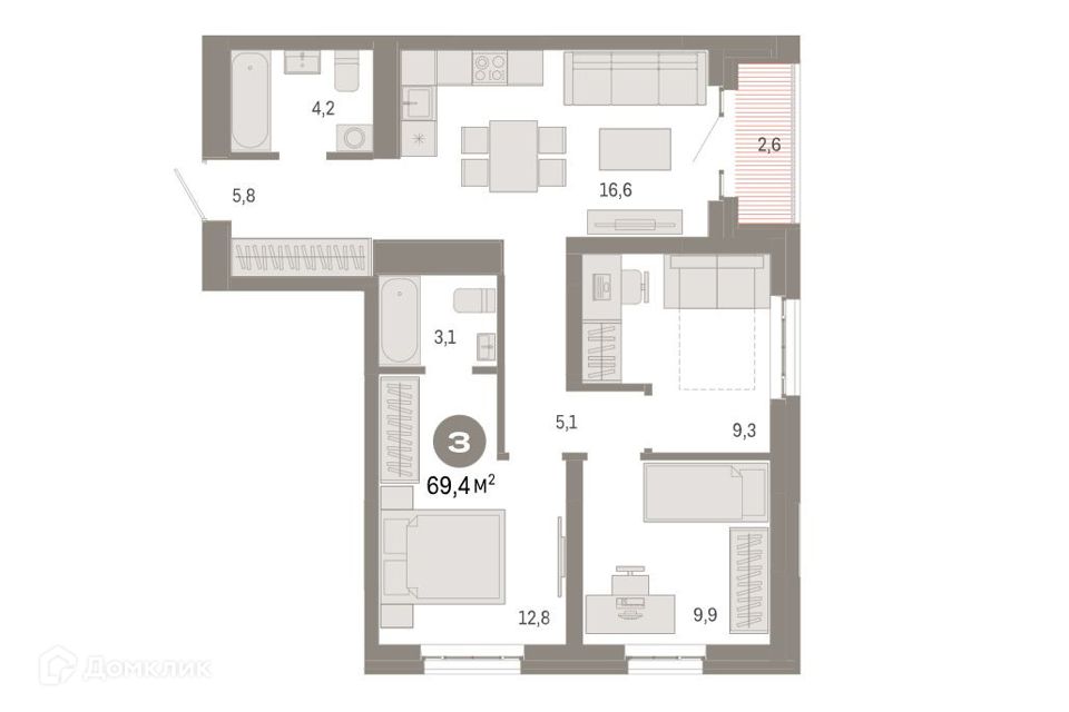 Продаётся 3-комнатная квартира, 69.4 м²