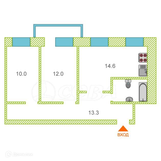 Продаётся 3-комнатная квартира, 51.3 м²