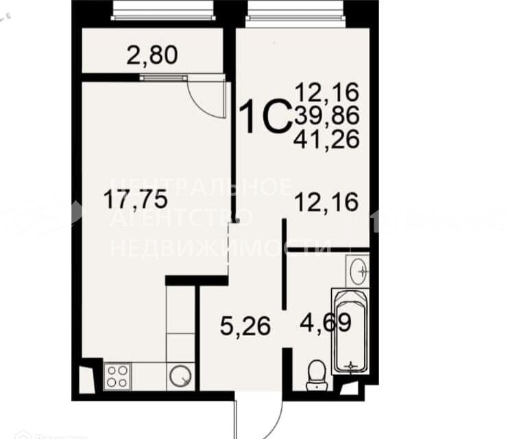 Продаётся 1-комнатная квартира, 41.26 м²