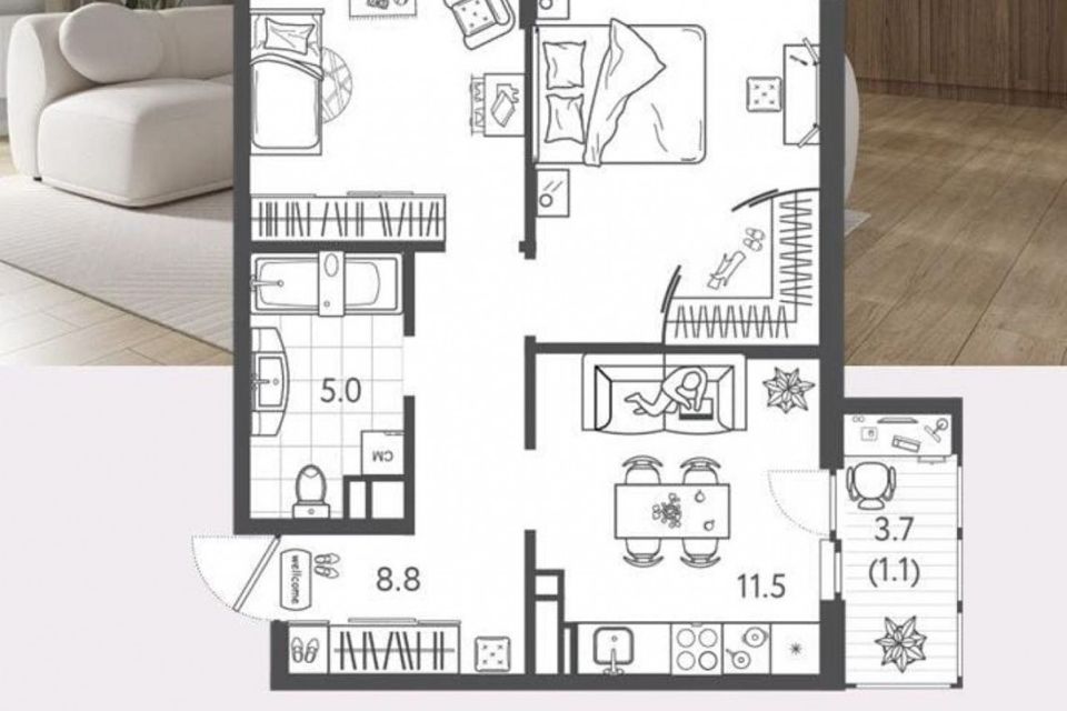 Продаётся 2-комнатная квартира, 54.8 м²