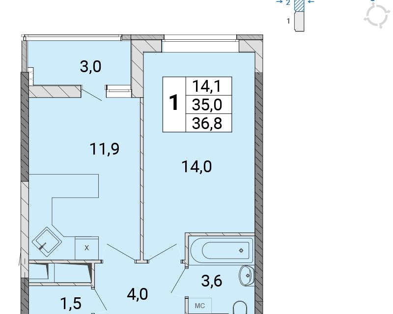 Продаётся 1-комнатная квартира, 36.5 м²