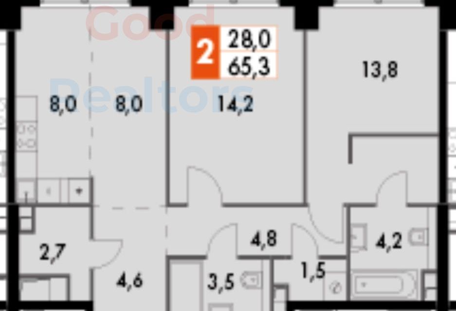 Продаётся 2-комнатная квартира, 65.3 м²