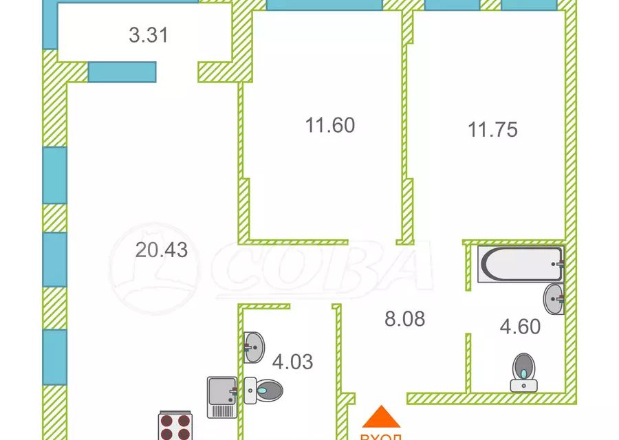 Продаётся 3-комнатная квартира, 63.8 м²