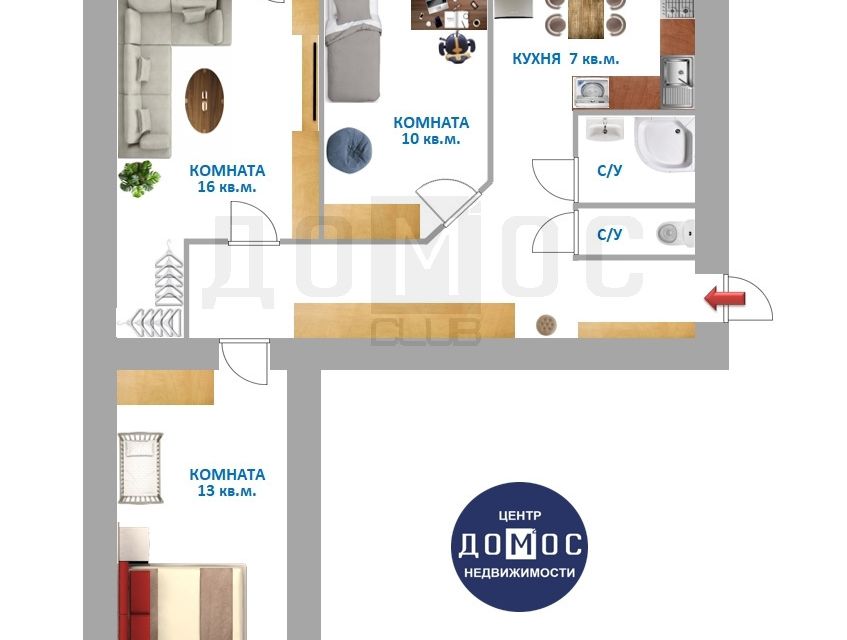Продаётся 3-комнатная квартира, 60.1 м²