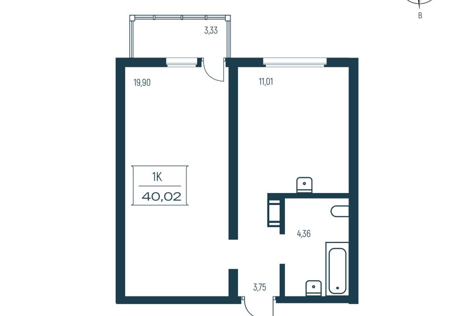Продаётся 1-комнатная квартира, 39.1 м²