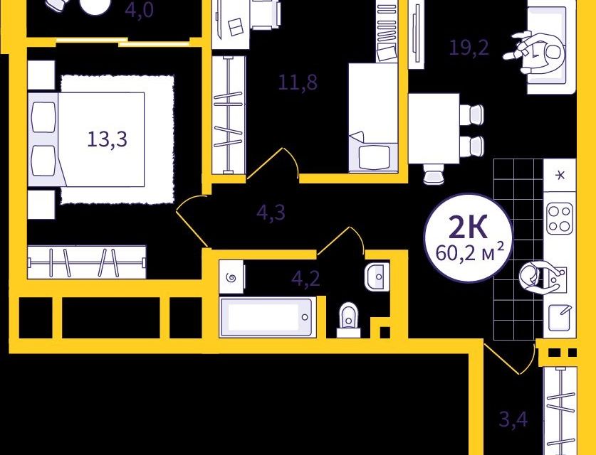 Продаётся 2-комнатная квартира, 58.25 м²