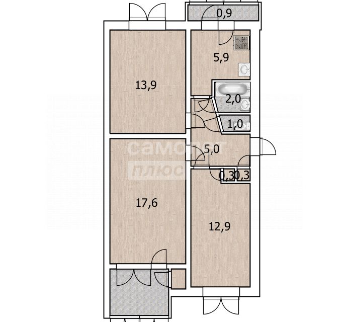 Продаётся 3-комнатная квартира, 58.5 м²