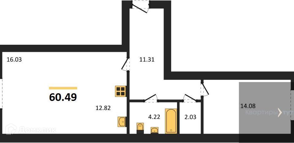 Продаётся 1-комнатная квартира, 60.49 м²