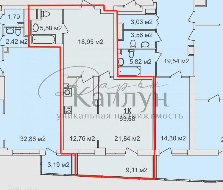 Продаётся 1-комнатная квартира, 63.68 м²