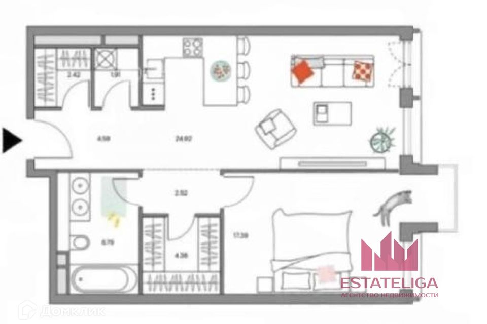 Продаётся 1-комнатная квартира, 64.7 м²