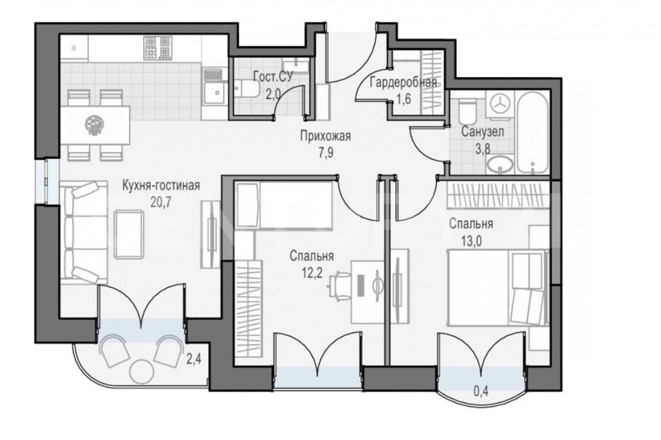 Продаётся 2-комнатная квартира, 62.26 м²