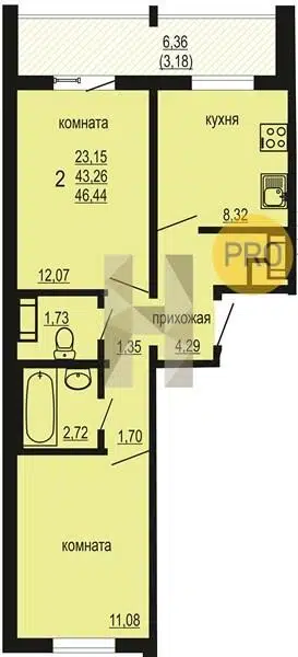 Продаётся 2-комнатная квартира, 46.44 м²