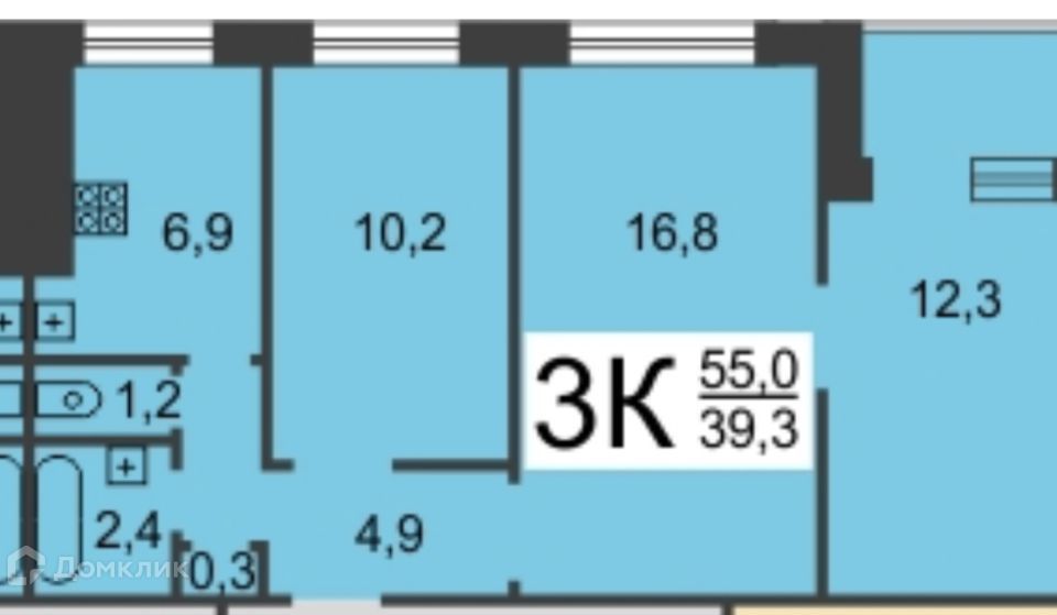 Продаётся 3-комнатная квартира, 56 м²
