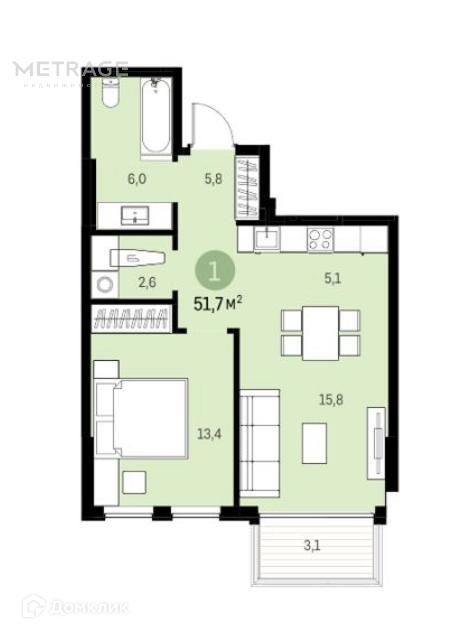 Продаётся 2-комнатная квартира, 51.66 м²