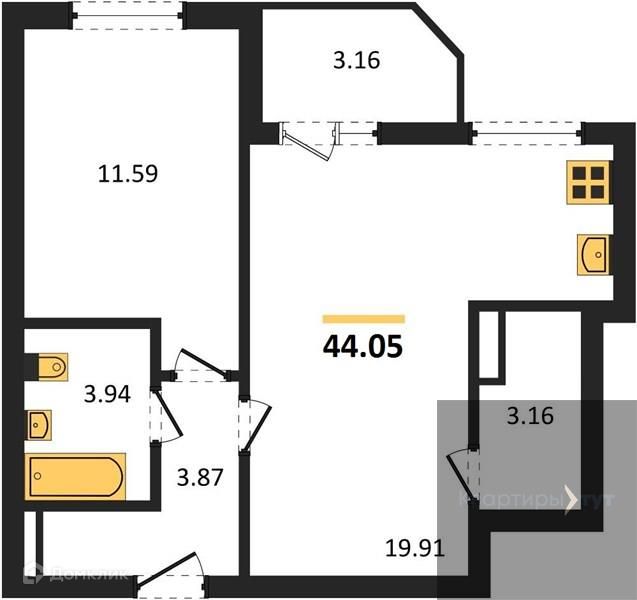 Продаётся 1-комнатная квартира, 44.05 м²