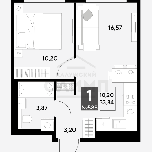 Продаётся 1-комнатная квартира, 33.84 м²